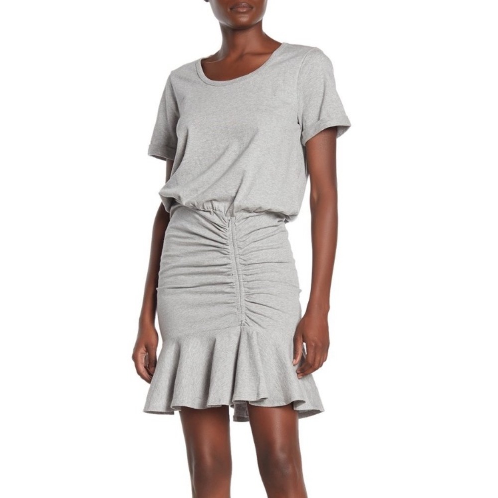 Veronica Beard Heather Grey Cotton Dress w/ Flutter Hem and Shirring Accent